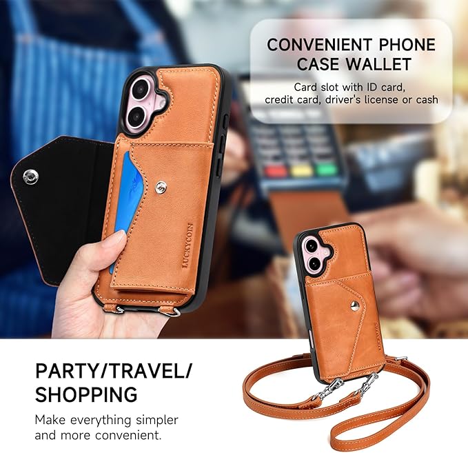LUCKYCOIN Crossbody Wallet Phone Case for iPhone 16,100% Genuine Leather Wallet Phone Case with Expandable Flip Card Holder,Phone Purse for Women with Adjustable Removable Strap - Tan