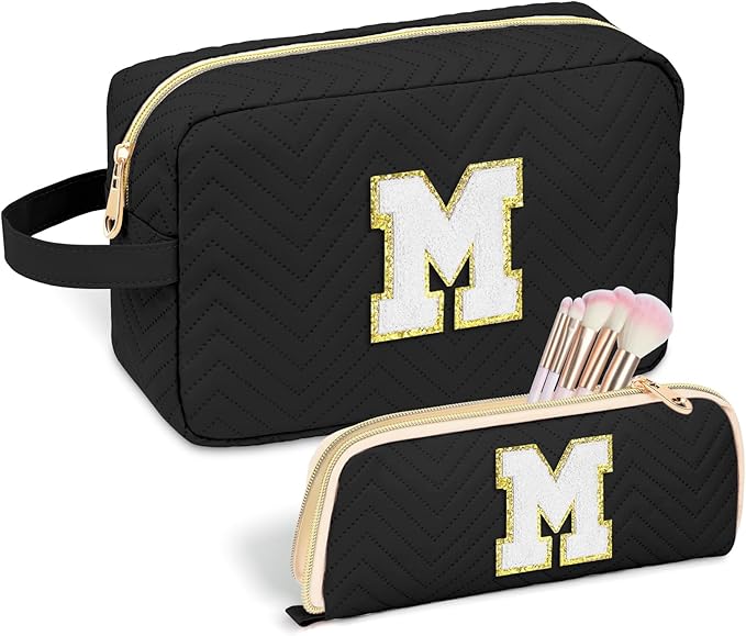 Personalized Initial Makeup Bag Trendy Stuff Leather Waterproof Cosmetic Bag Travel Toiletry Bag, Christmas/Thanksgiving/Halloween Gifts Makeup Organizer Case for Women Girls Mom Girlfriend Wife