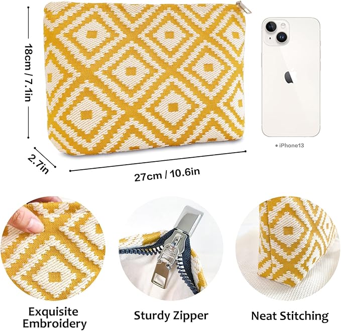 STARDW Parallel Checkered Makeup Bag Cute Cosmetic Bags for Women Girls, Travel Toiletry Bag Large Capacity Zipper Makeup Pouch, Purse Organizer Pouches(Embroidery Yellow)