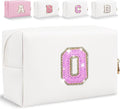 Glitter Initial Letter Makeup Bag, Small Personalized Sequins Letters PU Leather Cosmetic Bag Portable Waterproof Makeup Zipper Pouch, Shine Handbag Organizer Travel Bag Gifts for Women&Girls(White-O)