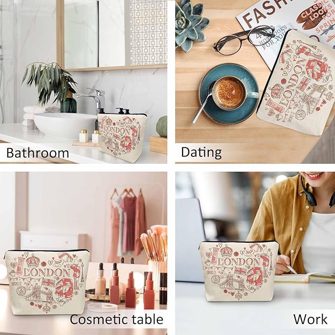 Women Makeup Organizer Bag London, Heart Shape I Love London Quote Flax Cosmetic Bag Makeup Bags Toiletry Bag Accessories Organizer Travel Bags For Home Bathroom Office Hotel Gym