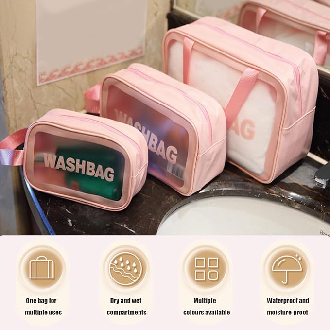Clear Travel Bags for Toiletries,3 Pack Toiletry Bag,Matte Translucent Toiletry Bag,Makeup Bag With Handy Handle,Travel Pouch,Makeup Cosmetic Organizer for Travel Essentials(Pink)