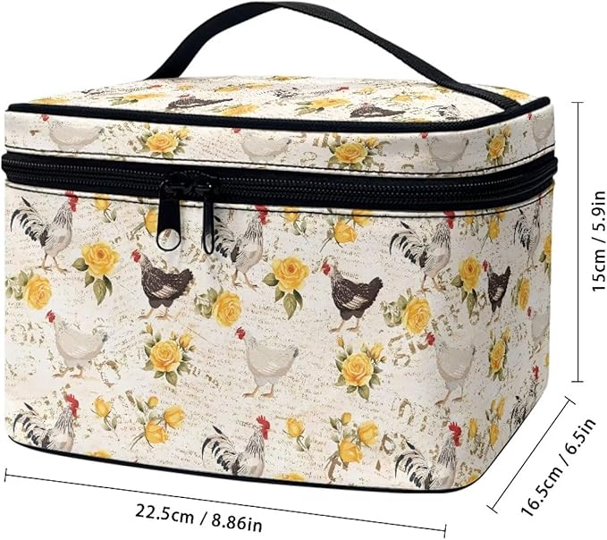 Chicken Yellow Rose Pattern Travel Makeup Bag for Women Large Capacity Cosmetic Bags with Zipper and Handle Make Up Tote Bags Organizer Portable Toiletry Bags