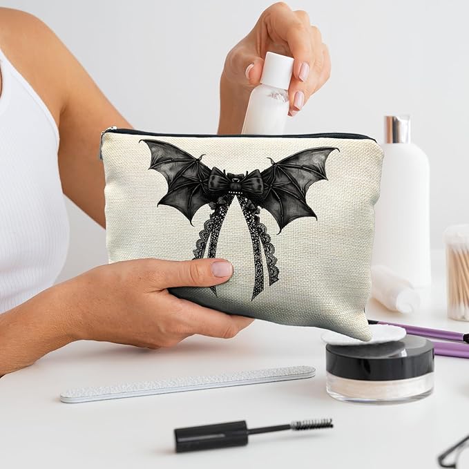 Halloween Coquette Lace Bow Bat Cosmetic Bag - Gothic Black, Girly Makeup Pouch