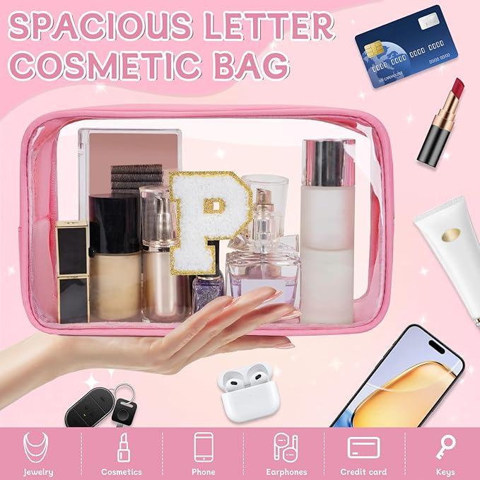 Personalized Initial Clear Makeup Bag, Travel Chenille Patch Cosmetic Bag, Preppy Toiletry Bag Monogram Cosmetic Pouch with Zipper, Ideal Gift for Teen Girls Women (Clear-Pink, P)
