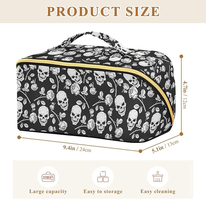 Makeup Organizer Bag, Skull with Rose Print Travel Makeup Bags Makeup Vanity Case Large Capacity Rhombus Cosmetic Toiletry Bag for Girl Women Ladies