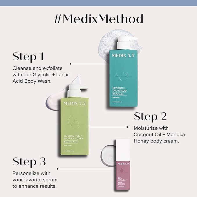 MEDIX Exfoliating Glycolic Acid Body Wash & Face Wash + Coconut Body Lotion Skin Care Set | Coconut Oil Lotion Body Cream & AHA + Lactic Acid Foaming Body Wash For KP Bumps, Keratosis Pilaris, & Acne
