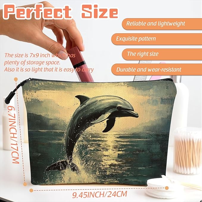 Cosmetic Bags Travel Makeup Toilet Case Waterproof Pouch for Women Girls 6.7X9.45inches - Dolphin Leaping in A Vintage - Styled Sea - Sky Scene