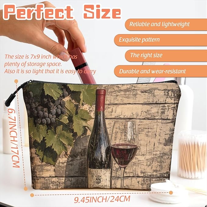 Cosmetic Bags Travel Makeup Toilet Case Waterproof Pouch for Women Girls 6.7X9.45inches - Glass And Grapes on An Aged Wooden Background