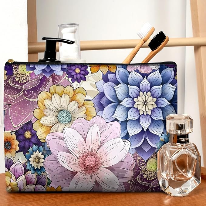 Cute Makeup Bag for Purse Waterproof Cosmetic Bags for Women Funny Smooth Zipper Travel Toiletry Pouch 10X8 Inches-Purple Boho Floral Makeup pouch
