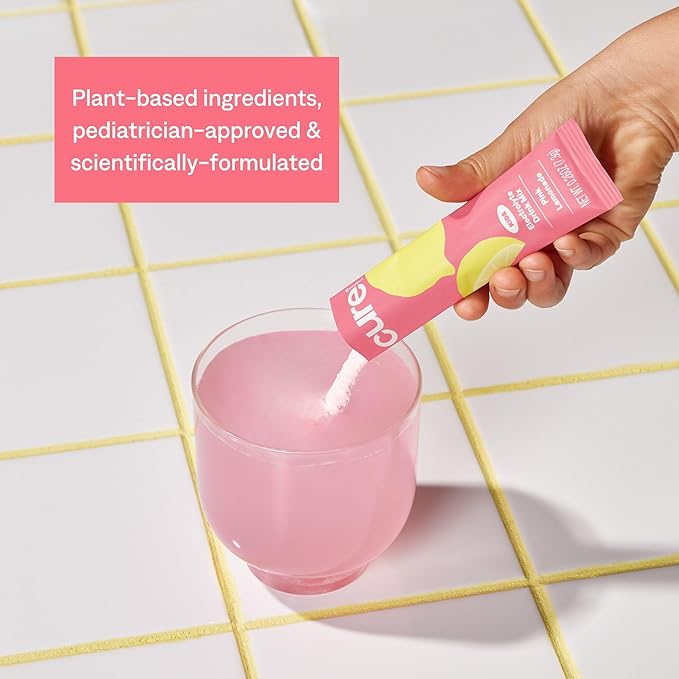 Cure Hydration - Kids Electrolyte Drink Mix | Plant-Based Pediatrician Formulated Rehydration | No Added Sugar, FSA-HSA, Non-GMO, Gluten-Free, No Artificial Flavors | 14 Packets - Pink Lemonade