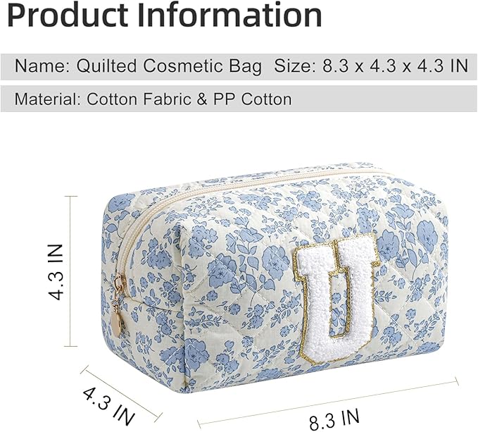 Gleyemor Personalized Initial Makeup Bag for Women, Cute Quilted Blue Floral Cotton Cosmetic Bag, Christmas Gifts for Her Mom Friend Sister Bridesmaid Teacher Women U