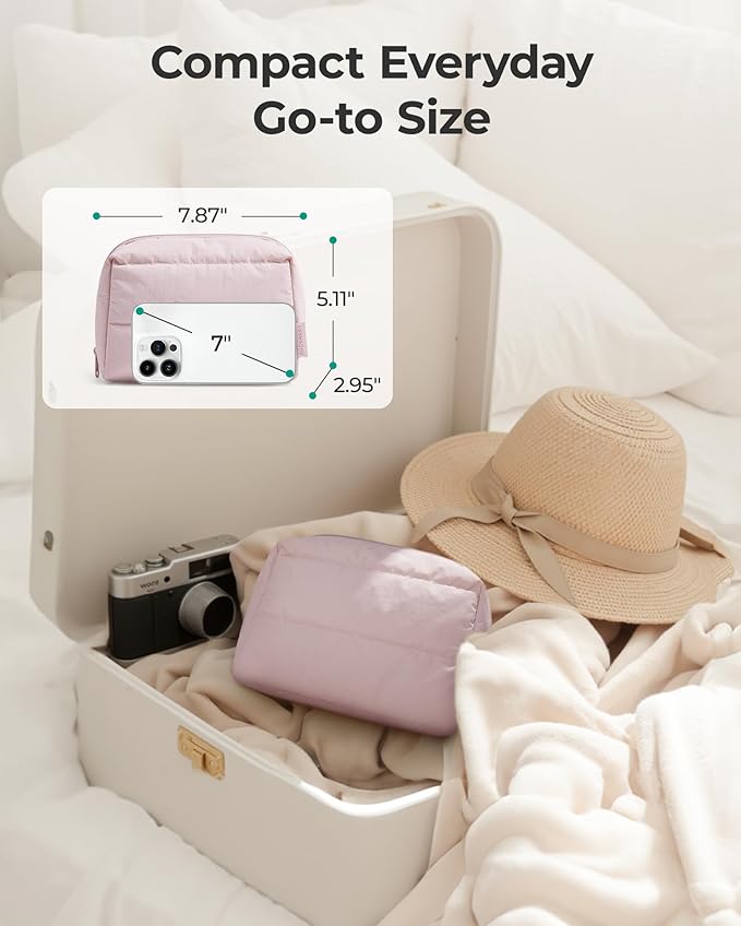 BAGSMART Puffy Makeup Bag, Wide Opening Cosmetic Bag Compact & Spacious, Water-Resistant Travel Organizer Pouches for Women (Lavender)