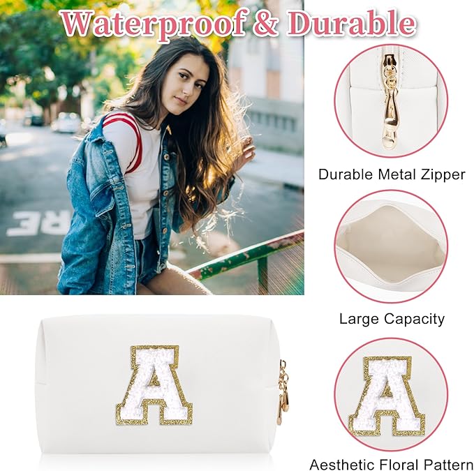 Personalized Initial Letter Patch Makeup Bag, Preppy Portable Chenille Cosmetic Bag with Zipper, PU Leather Waterproof Travel Toiletry Bag Monogram Make Up Pouch for Women Girls