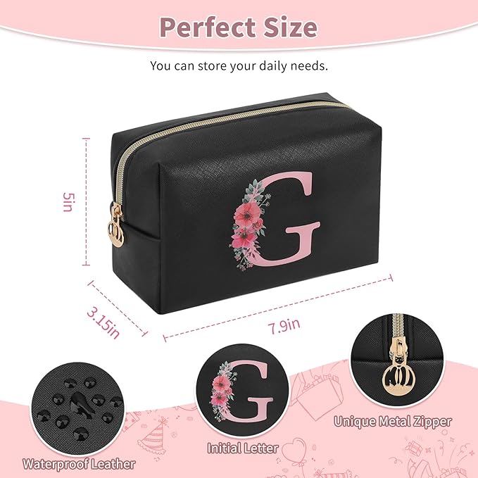 Personalized Initial Makeup Bag, Birthday Gifts for Women and Girls, Small Makeup Pouch Travel Toiletry Bag, Make Up Organizer Bag Gift Trendy Stuff for Friend Mom Teacher, Black