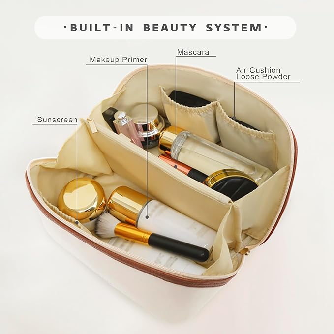 Travel Makeup Bag – Large Cosmetic Organizer with Waterproof Nylon, Smooth Double Zipper & Tear-Resistant Lining, Toiletry Pouch for Women (Beige)