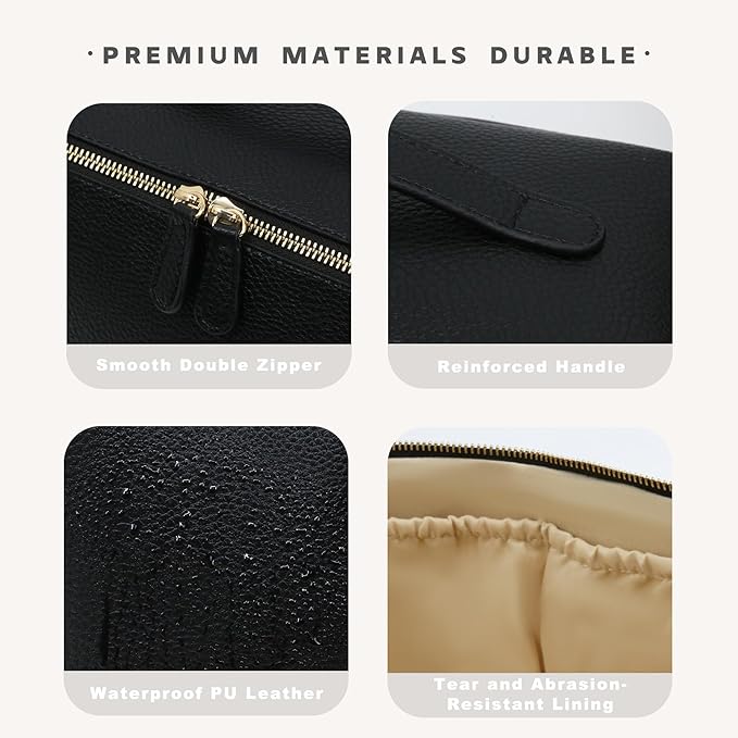 Travel Makeup Bag – Large Cosmetic Organizer with Waterproof PU Leather, Smooth Double Zipper & Tear-Resistant Lining, Toiletry Pouch for Women (Black)