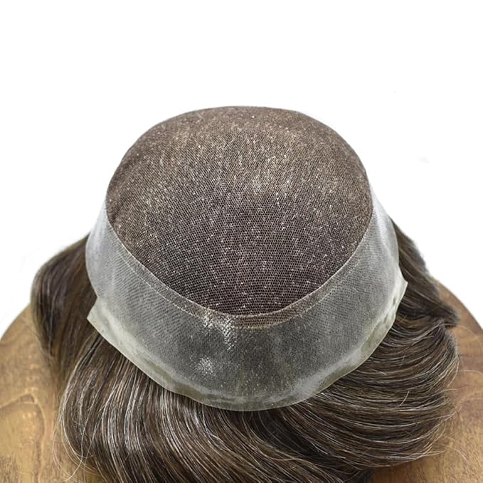 Toupee for Men French Lace Center Human Hair Replacement Systems Transparent Lace Center Hair Piece Mens Toupee Hair Units for Man V-Looped Front 8"X10" #430 4# MEDIUM BROWN WITH 30% SYNTHETIC GREY