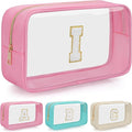 Personalized Initial Clear Makeup Bag, Travel Chenille Patch Cosmetic Bag, Preppy Toiletry Bag Monogram Cosmetic Pouch with Zipper, Ideal Gift for Teen Girls Women (Pink, I)