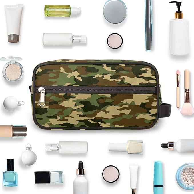 Green Camo Portable Travel Toiletry Bag, Camouflage Print Dopp Kit Cosmetic Organizer Makeup Bag Shower Shaving Bag for Men Women