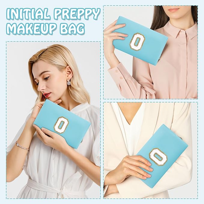 Small Initial Preppy Patch Makeup Bag, Personalized Blue Cute Cosmetic Zipper Pouch Toiletry Bags for Traveling, Waterproof Chenille Letter Make Up Storage Travel Essentials for Women Female(Letter O)