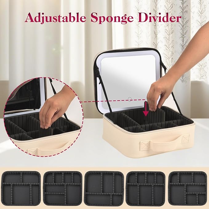 Travel Makeup Bag With LED Mirror,Cosmetic Train Case with 3 Color Setting,Cosmetic Makeup Organizer Bag with Adjustable Dividers,Portable Make up Box with Make up Brushes Holder Storage（Beige）