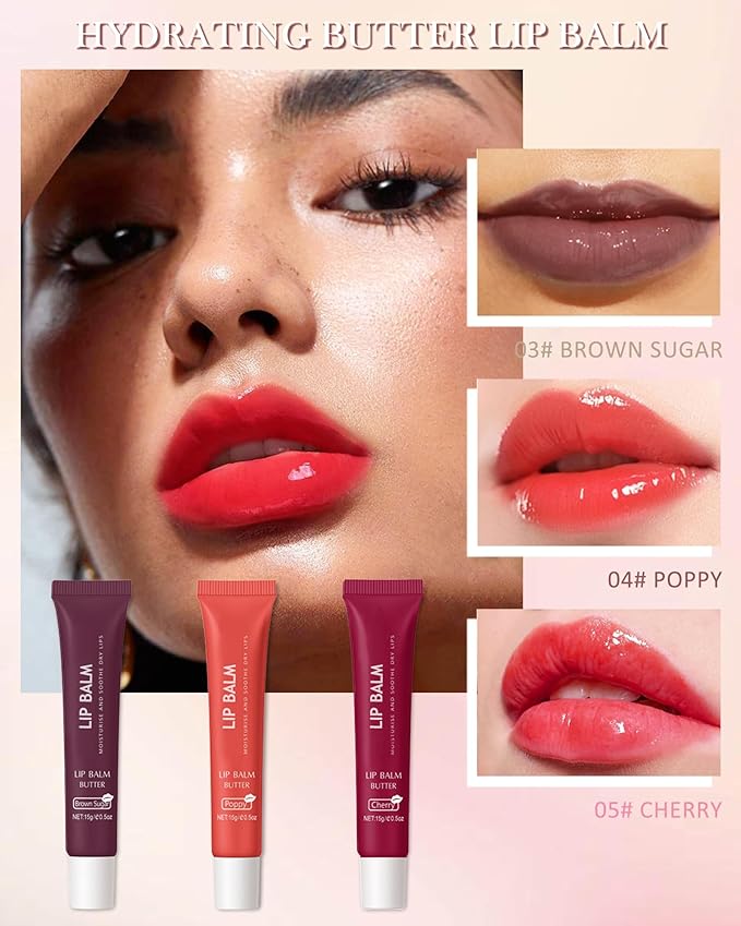 Butter Tinted Lip Balm-3 Colors Vanilla Beige Brown Poppy Pink Sugar Lip Gloss,Yummy Lip Stain Long Lasting, Hydrating Non-Stick Glow Reviver Lip Care Oil, Christmas Makeup Gift for Women-Set B