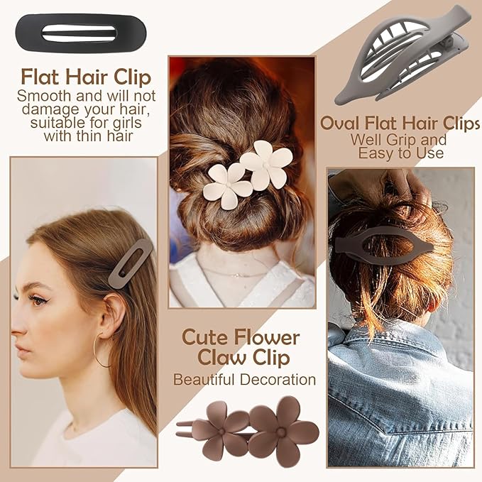 6 PCS Flat Hair Clips, French Lay Flat Claw Clips for Women Girls, 3 Styles Strong Hold Non-slip Matte Hair Claws for Thin Thick Hair(Brown&Grey)