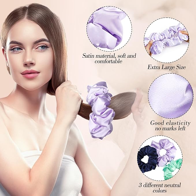 3Pcs Satin Hair Scrunchies, Large Sleepy Hair Tie Scrunchie for Thick Curls Ponytail Holders Stocking Stuffers Gifts for Women Girls