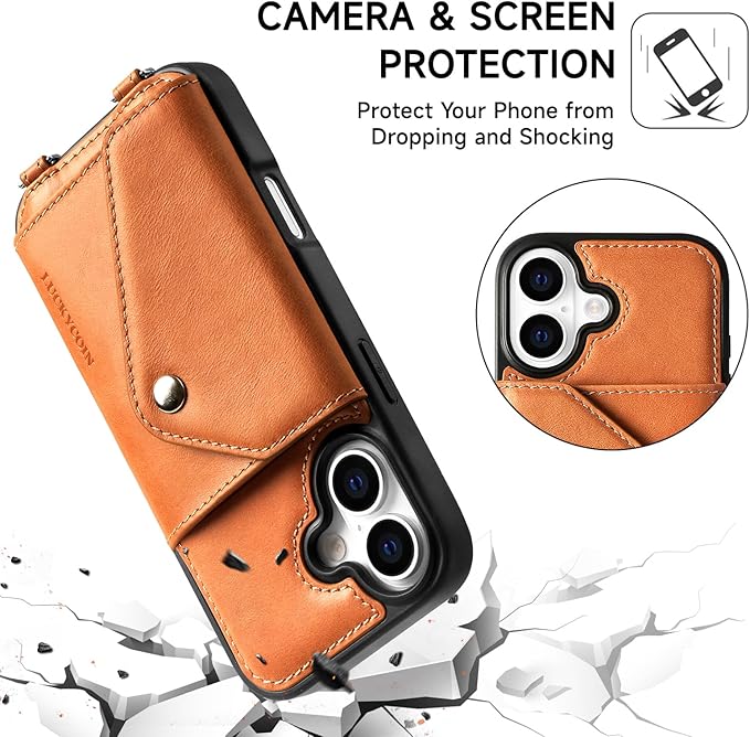 LUCKYCOIN Crossbody Wallet Phone Case for iPhone 17,100% Genuine Leather Wallet Phone Case with Expandable Flip Card Holder,Phone Purse for Women with Adjustable Removable Strap - Tan