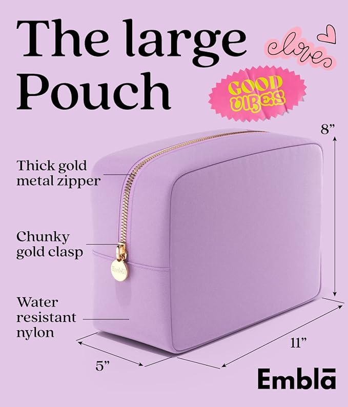 Embla Makeup Bag Travel Cosmetics Pouch and Toiletry Bag, Nylon Zipper Pouch Purse, Cute Make Up Organizer Storage Tote for Women Girls, Waterproof Travel Skincare Case, Large Makeup Bags, Grape