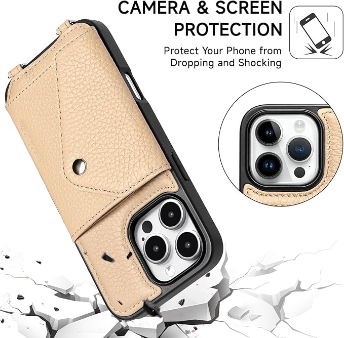 LUCKYCOIN Crossbody Wallet Phone Case for iPhone 16 Pro Max,100% Genuine Leather Wallet Phone Case with Expandable Flip Card Holder,Phone Purse for Women with Adjustable Removable Strap - Pebble Beige
