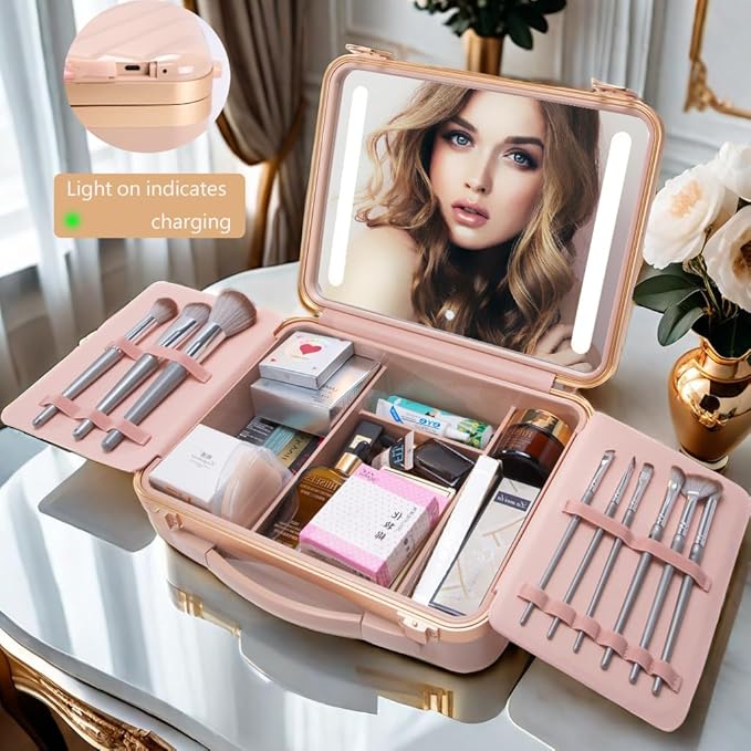 Makeup Case with LED Lighted Mirror, 11.5''x 8.7'' Portable Travel Makeup Organizer, Toiletry Storage Makeup Bag Gift for Lady, DIY Dividers Makeup Box with 5X Magnifying Mirror (Pink)