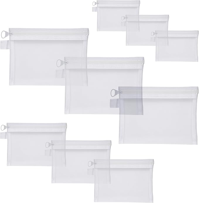 Quotidian Flat Clear Mesh Zippered Pencil Pouch White Travel Bag Makeup Organizer 3-Size Pack of 9 - Business Trip Fitness Purse Insert