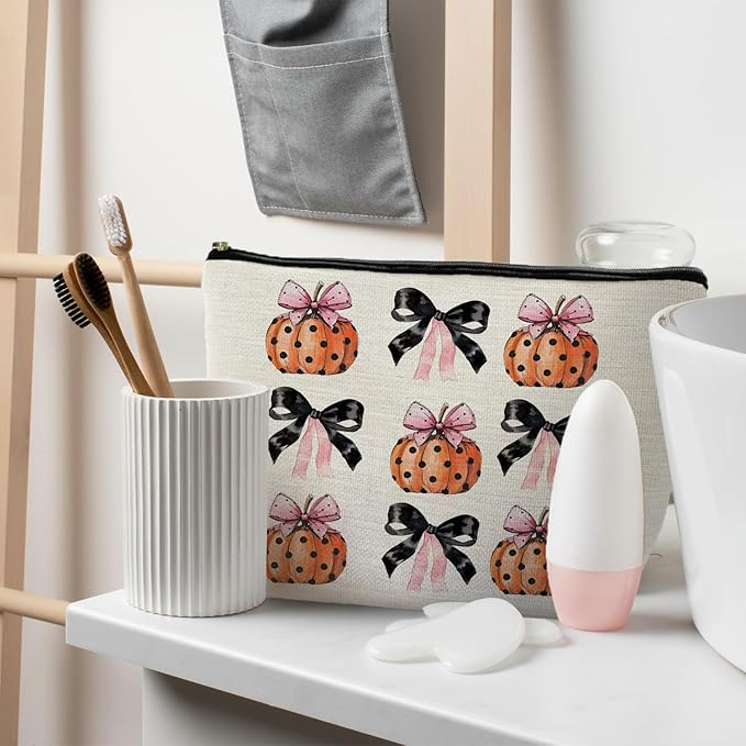 Coquette Halloween Makeup Bags - Bow Pumpkins Cosmetic Gifts for Women