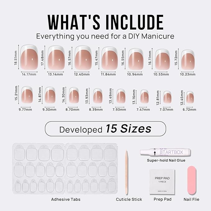 BTArtbox French Tip Press On Nails - Short Square Press On Nails, Natural Fake Nail with Nail Glue, Brown Glue On Nails in 15 Sizes - 30 Fake Nails Kit