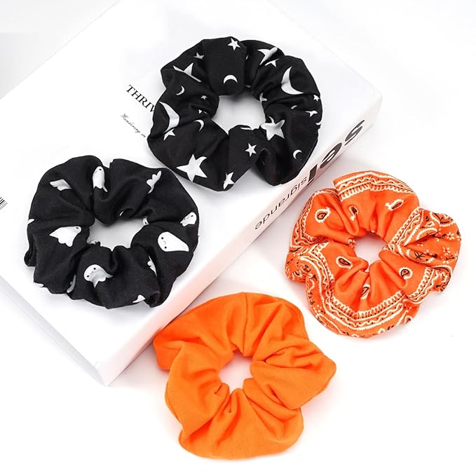 Halloween Hair Scrunchies Cute Ghosts Moon Star Hair Ties Fall Orange Bandana Scrunchy Elastics Hair Bands Gifts Ponytail Holder Hair Accessories for Women Girls