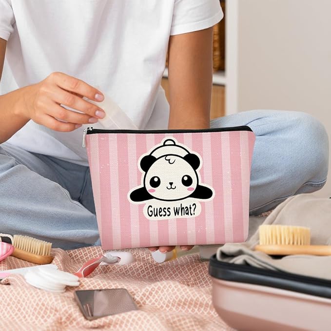 Panda Gifts Makeup Bag for Women Girls, Cute Baby Panda 'Guess What It's Pug Butt' Cosmetic Case for Teens Daughter, Accessories (Pink Stripe)