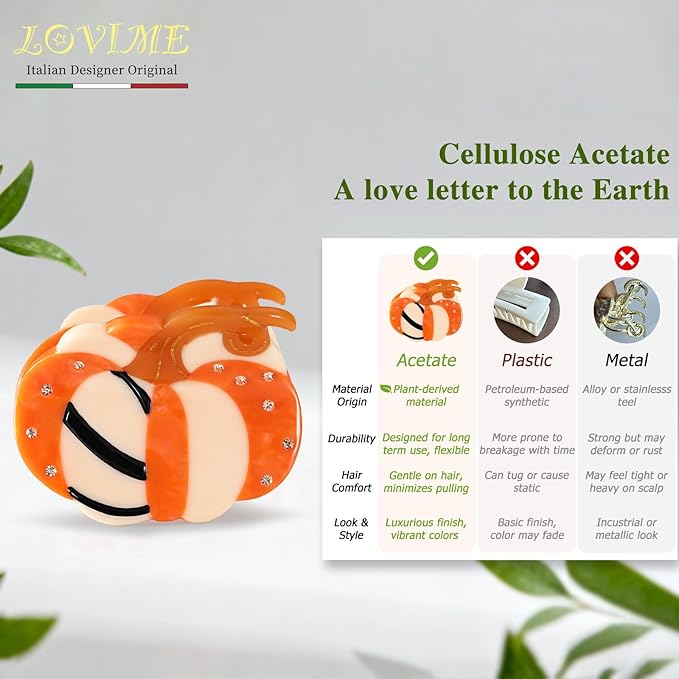 Original Italian Designed Mini Halloween Hair Claw Clips for Women - Orange Pumpkin, Handmade Vintage Cute Fall Halloween Hair Accessories, Plant-Based Acetate, Gift Boxed