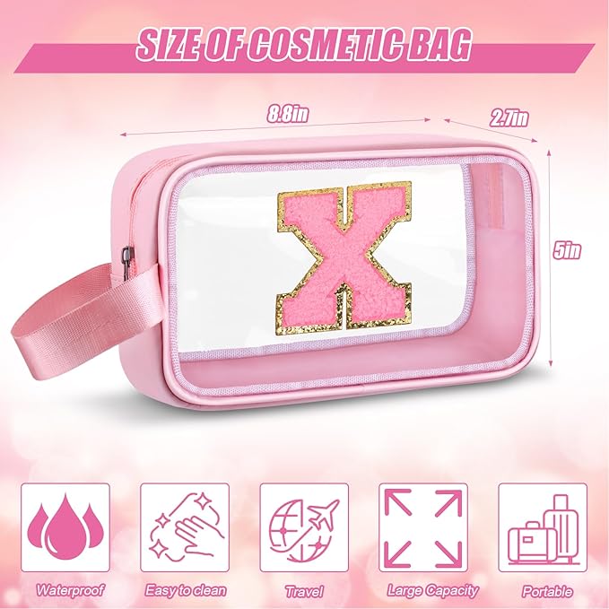 Initial Makeup Bag,Letter X Cute Clear Monogrammed Cosmetic Travel Bag for Womens Girls,Personalized Pink Aesthetic Traveling Make Up Organizer Bag for Beach,Waterproof Toiletry Bag