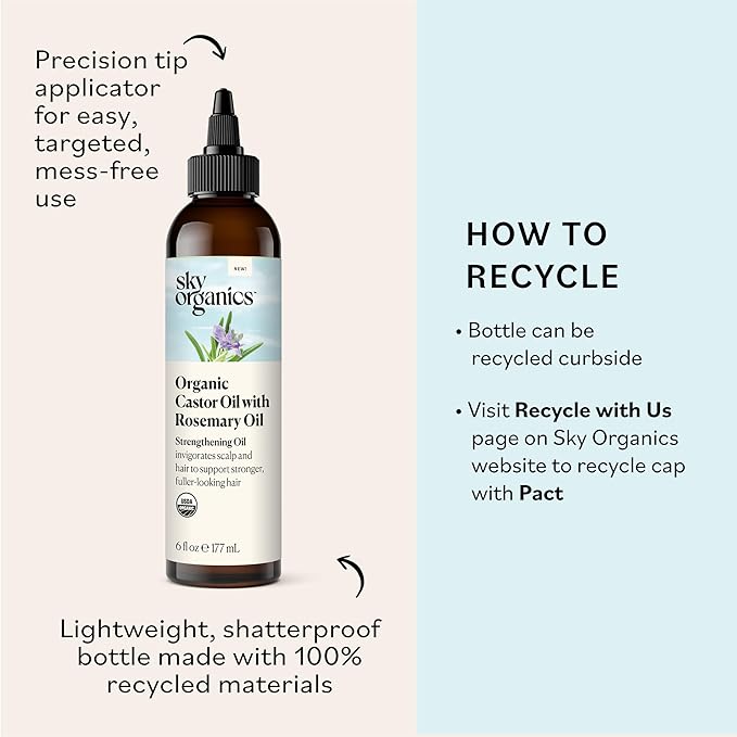 Sky Organics USDA Organic Castor Oil with Rosemary Oil, Strengthening Oil, Pure Potent Blend, Hexane Free, Invigorates Scalp, Supports Stronger, Fuller-Looking Hair, Textured Hair, w ebook
