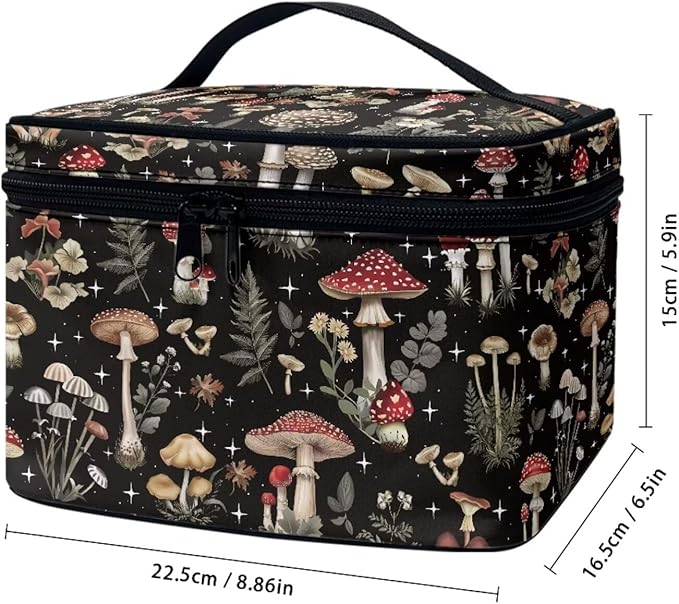 JoyLamoria Bronwn Mushroom Print Travel Makeup Bag Cute Mushroom Brush Bag Toiletry Bag for Women