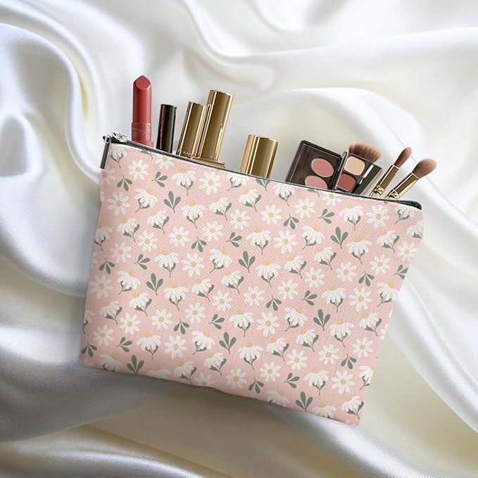 Vintage Daisy Flowers Makeup Bag Floral Cosmetic Bag Friend Friendship Gifts for Women Girls Sister Coworker Auntie Botanical Travel Organizer Zipper Pouch Christmas Thanksgiving Birthday Gifts