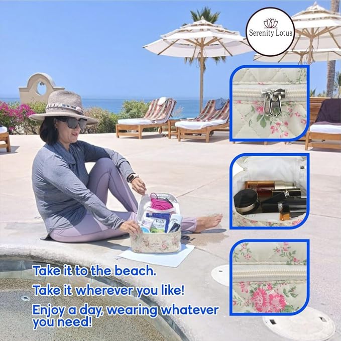 Large Travel Quilted Makeup Bag for Women, Floral Cotton Cosmetic Bag, Coquette Aesthetic Floral Toiletry Organizer Bag