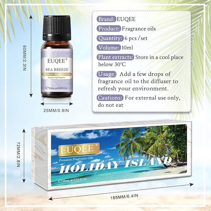 EUQEE Summer Fragrance Oil Gift Set of 6，Holiday Island Essential Oils Set for Humidifier, Aromarathepy-Pineapple, Coconut, Sea Breeze, Bubble Gum, Bay Rum, Marshmallow(10ml)