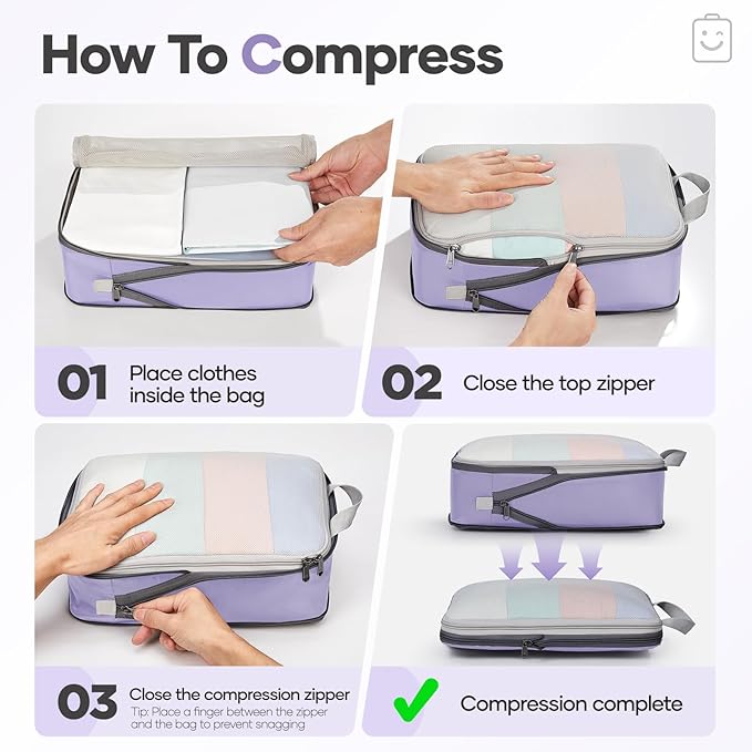 Veken 11 Set Compression Packing Cubes for Travel Essentials,Compressible Expandable Large Luggage Suitcase Organizer Bags for Clothing,Durable Space Saver Storage Bags with Toiletry Bags(Purple Gray)