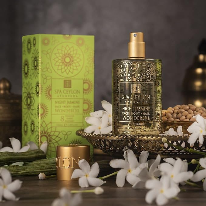 SPA CEYLON Wonder Oil Night Jasmine, Enriching Moisturizing Body Oil with Ayurvedic Herbs for Skin & Hair Vitality, Vegan & Organic, Non-Greasy,100 ml