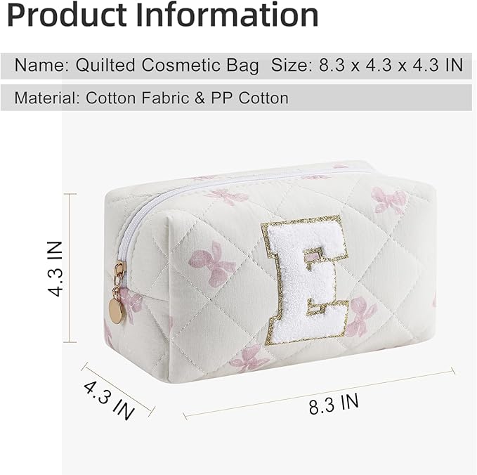 Gleyemor Personalized Initial Makeup Bag for Women, Cute Quilted Pink Floral Cotton Cosmetic Bag, Christmas Gifts for Her Mom Friend Sister Bridesmaid Teacher Women E