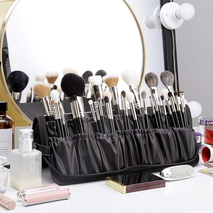 Rownyeon Professional Makeup Brushes Organizer Bag Makeup Artist Cosmetic Case Leather Handbag Black Travel Portable(Only Bag)