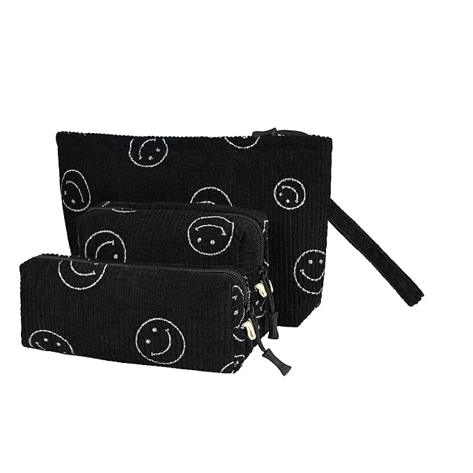 Small Cosmetic Bag set for Women Corduroy Makeup Bag with Interior Pocketes Cute Corduroy Makeup Pouches Women Small Toiletry Bag (Black Smile)